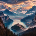 the view over lake bled at sunrise in europe with mist, mountains and a bird