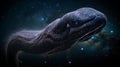 AI generated illustration of sperm whale swimming in underwater nightscape illuminated by starlight