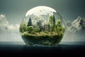 AI generated illustration of a spherical object with a city and a lush natural landscape Royalty Free Stock Photo