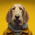 AI generated illustration of a spinone Italiano dog with human clothes on yellow background