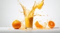AI generated illustration of a splashing glass of orange juice with oranges on a white background Royalty Free Stock Photo