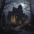 AI generated illustration of a spooky castle in a deep forest, illuminated by a full moon