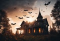 AI generated illustration of a spooky Halloween haunted house against the orange sky of dusk Royalty Free Stock Photo