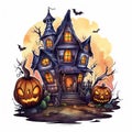 AI generated illustration of a spooky Halloween haunted house with pumpkins displayed on the lawn Royalty Free Stock Photo