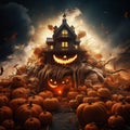 AI generated illustration of a spooky haunted house illuminated by the moonlight on Halloween night Royalty Free Stock Photo