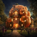 AI generated illustration of a spooky haunted house illuminated by the moonlight on Halloween night Royalty Free Stock Photo