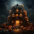 AI generated illustration of a spooky haunted house illuminated by the moonlight on Halloween night Royalty Free Stock Photo