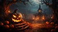 AI-generated illustration of a spooky jack-o-lantern with a haunted house on Halloween night Royalty Free Stock Photo