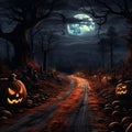 AI generated illustration of a spooky pathway with carved pumpkins under the moonlight Royalty Free Stock Photo