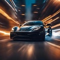 AI generated illustration of a sports car driving down a city street at night Royalty Free Stock Photo