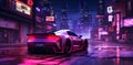 AI generated illustration of sports car parked in the middle of a street surrounded by neon signs Royalty Free Stock Photo