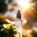 AI generated illustration of a spray bottle with clear water near the green leaves under sunshine Royalty Free Stock Photo