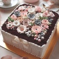 AI-generated illustration of a square cake adorned with delicate flowers