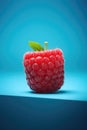 AI generated illustration of a square red raspberry atop a solid blue background