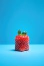 AI generated illustration of a square strawberry atop a solid blue background Royalty Free Stock Photo