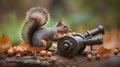 AI generated illustration of a squirrel next to a cannon in an autumn landscape