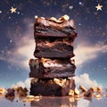 AI generated illustration of a stack of chocolate brownies with nuts against a starry background Royalty Free Stock Photo