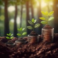 AI-generated illustration of a stack of coins with various green plants growing from them. Royalty Free Stock Photo