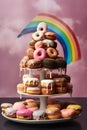 AI generated illustration of a stack of donuts with various toppings on a pink background
