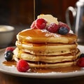 AI-generated illustration of a stack of fluffy pancakes topped with fresh berries and syrup