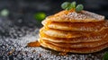 AI generated illustration of a stack of fluffy pancakes topped with sugar powder