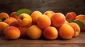 AI generated illustration of a stack of fresh, juicy apricots on a wooden table