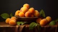 AI generated illustration of a stack of fresh, juicy apricots on a wooden table