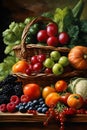 AI generated illustration of a stack of fresh vegetables and fruits in a woven basket