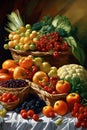 AI generated illustration of a stack of fresh vegetables and fruits in a woven basket