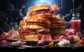 AI generated illustration of a stack of freshly-made hamburgers with melted cheese and toppings Royalty Free Stock Photo