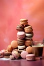 AI generated illustration of a stack of macarons on a pink background Royalty Free Stock Photo