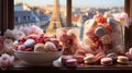AI generated illustration of a stack of macarons on a windowsill in Paris Royalty Free Stock Photo