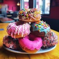 AI-generated illustration of a stack of multi-colored donuts on a plate