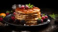 AI generated illustration of a stack of pancakes topped with berries and syrup