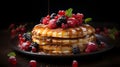 AI generated illustration of a stack of pancakes topped with berries and syrup