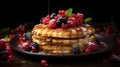 AI generated illustration of a stack of pancakes topped with berries and syrup