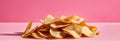 AI-generated illustration of A stack of potato chips on a table against a pink background Royalty Free Stock Photo