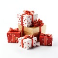 AI-generated illustration of a stack of presents with colorful bows isolated on a white background