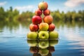 AI-generated illustration of a stack of ripe, juicy apples in a body of water.