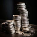 AI generated illustration of a stack of silver coins, glinting against a dark background Royalty Free Stock Photo