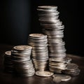 AI generated illustration of a stack of silver coins, glinting against a dark background