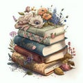 AI generated illustration of a stack of vintage books with flowers Royalty Free Stock Photo