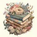 AI generated illustration of a stack of vintage books with flowers Royalty Free Stock Photo