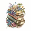 AI generated illustration of a stack of vintage books with flowers Royalty Free Stock Photo