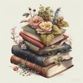 AI generated illustration of a stack of vintage books with flowers Royalty Free Stock Photo