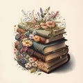 AI generated illustration of a stack of vintage books with flowers