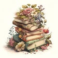 AI generated illustration of a stack of vintage books with flowers