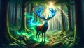 AI generated illustration of a stag with sapphire antlers, a green bushy fire tail and a stoic pose