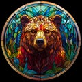 AI generated illustration of a stained glass portrait of a bear against an abstract background