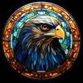 AI generated illustration of a stained glass portrait of an eagle against an abstract background